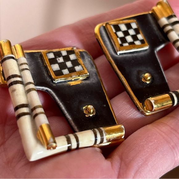 Vintage 1980 90 Art Deco Black white checkerboard Oversized Earrings